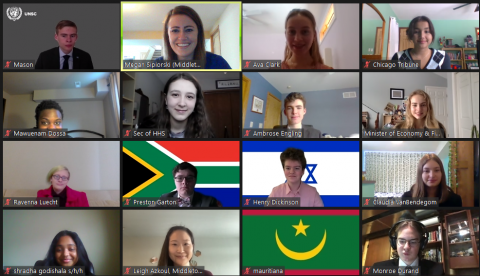 Students on Zoom representing countries from around the globe in a Model UN Session
