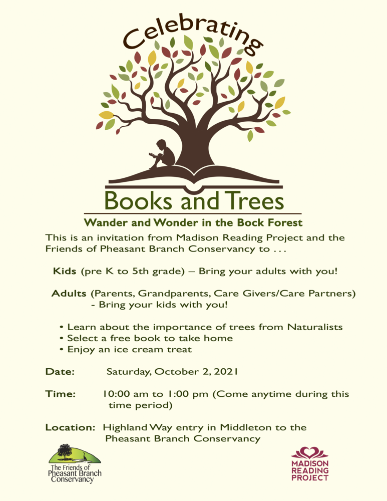 Poster for books and trees event. Simple tree graphic and details about the location and time of the event