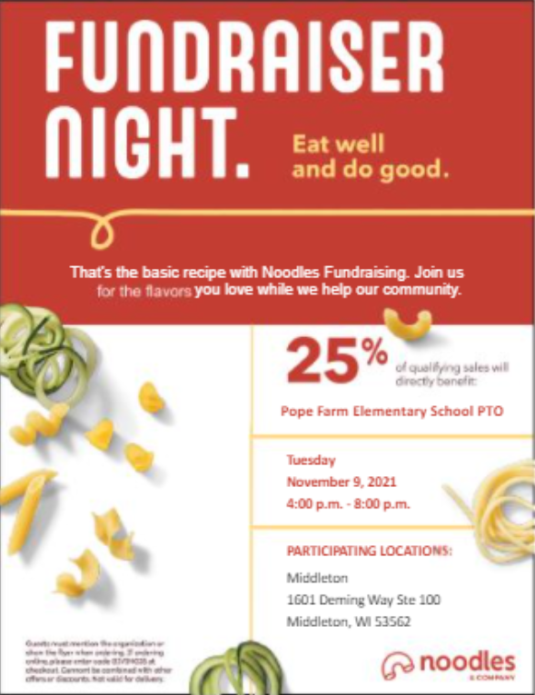 PTO Noodles & Company Fundraiser, November 9 Pope Farm Elementary School