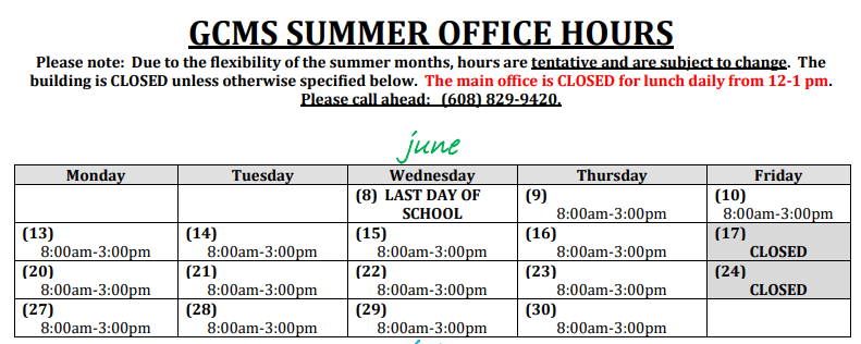 GCMS Summer Hours