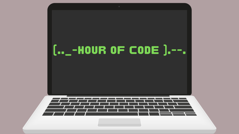 Clipart image of a laptop computer with green writing that says "Hour of Code"