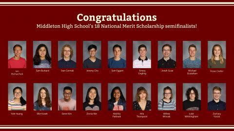 Eighteen Middleton High School Students who were National Merit Scholarship semifinalists are pictured with the word Congratulations over top of their pictures.